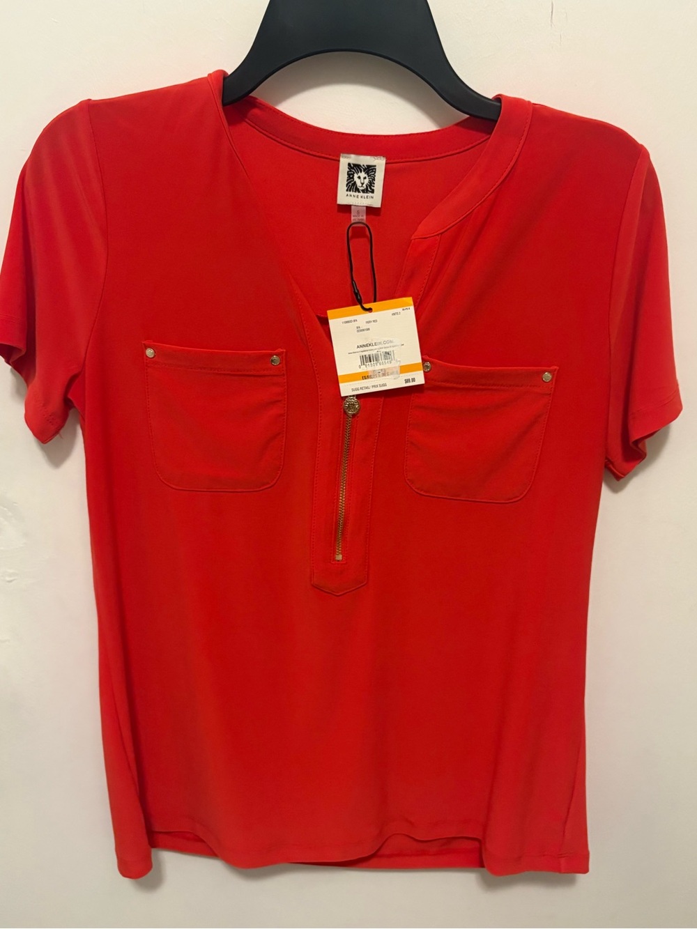 Anne Klein Red Short-Sleeve Zip Pocket Top